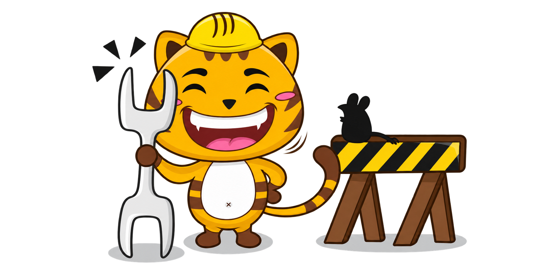 Chú hổ đội mũ bảo hộ, cầm cờ lê bên cạnh rào chắn bảo trì